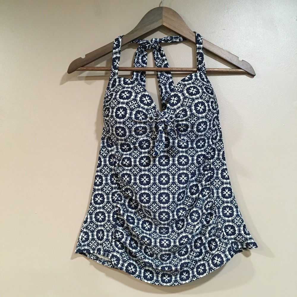 Merona Halter Tankini Top Womens M Navy White Geometric Nautical Preppy Classic